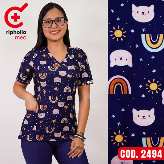 Delantal Elasticado Estampado Azul Marino