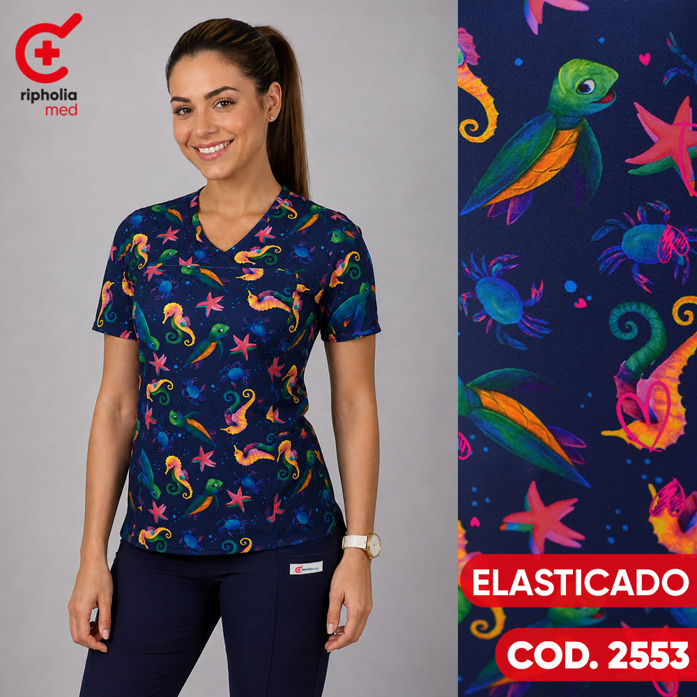 Delantal Elasticado Estampado Azul Marino. Cod: 2553