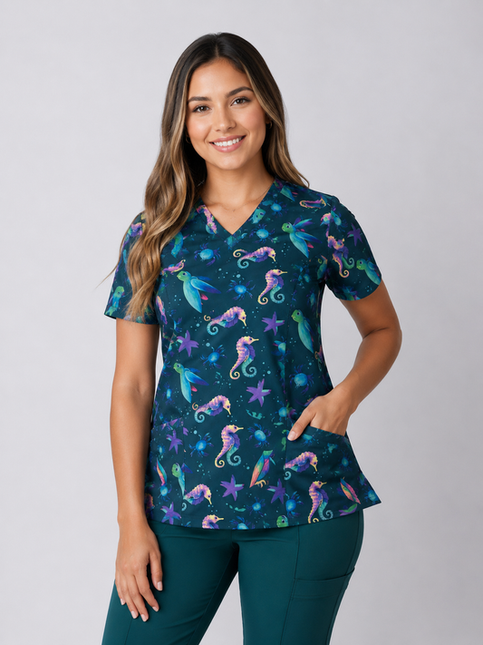 Delantal Elasticado Estampado Verde Petróleo. Cod: 2551